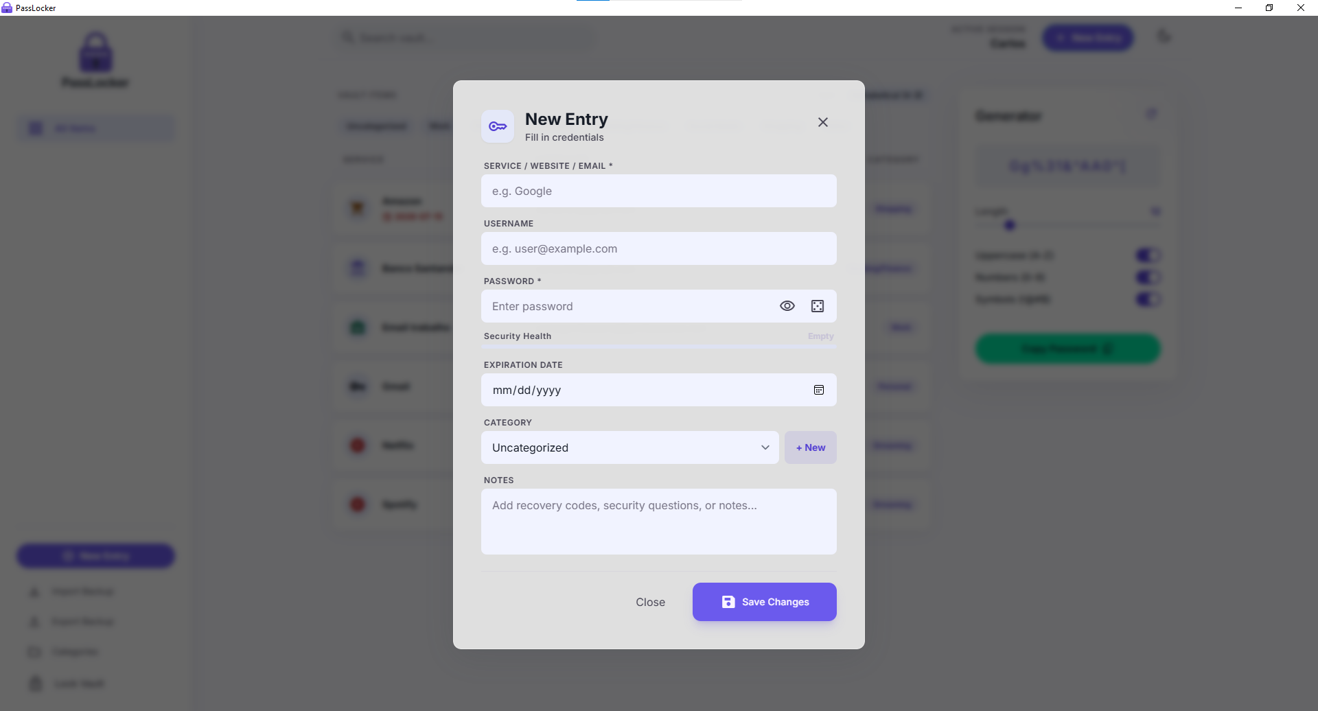 PassLocker New Entry Dialog